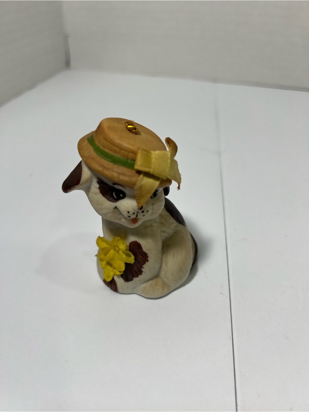 Porcelain Cat Figurine Bell with Hat and Yellow Flowers
